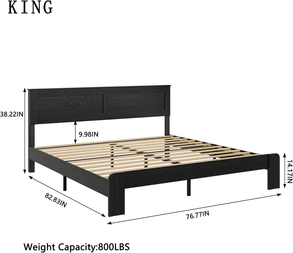 NNOOTK King Size Bed Frame, Rustic Vintage Platform Bed Frame with Wood Headboard and Footboard, 12 Wood Slats Support, No Box Spring Needed (Black, King)