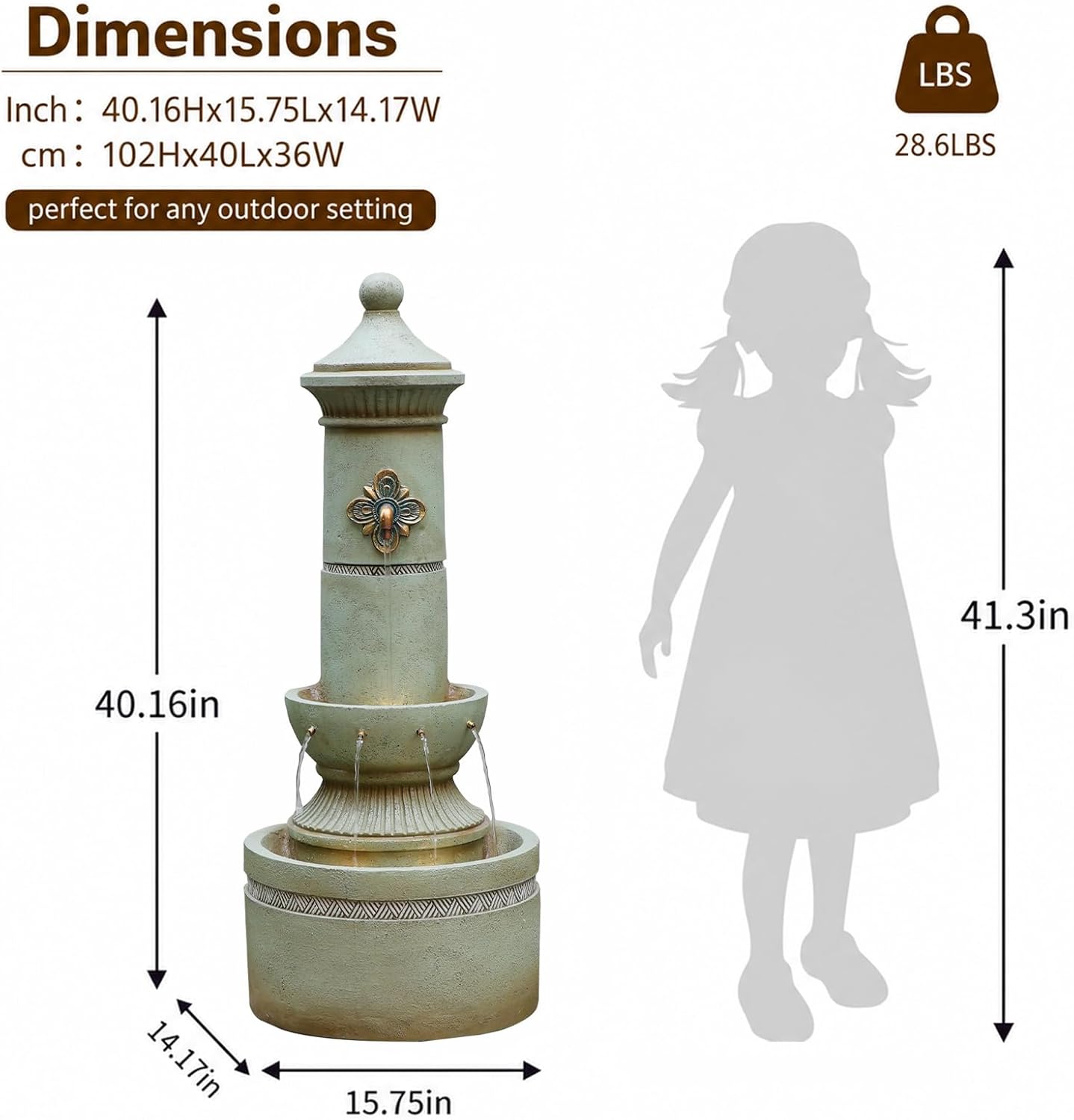 Bumilgar Outdoor Wall Fountain with LED Lights, 40.16' H Freestanding Garden Water Fountain, Large Floor Standing Patio Waterfall Feature, European Resin Flat Back Yard Courtyard Porch Décor