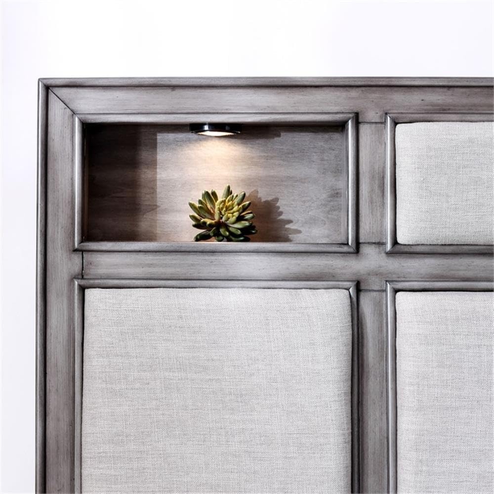BOWERY HILL 2pc Solid Wood Bedroom Set, Gray Finish, Cal King Bed with LED Headboard and Fabric Padding, Nightstand with Hidden Drawer, Transitional Style Furniture for Master Bedroom