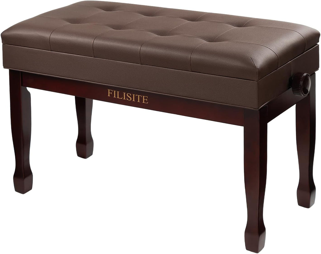 Adjustable Height Piano Bench with Storage, Solid Wood Duet Keyboard Stool, Waterproof Padded Seat Cushion, Multi-Use Bench for Piano, Vanity, Living Room, Bedroom XJ750-4(Brown)
