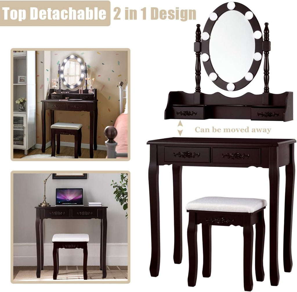 DORTALA Vanity Table Set, Makeup Dressing Table with 10 Dimmable Bulbs Lighted Mirror & 4 Drawers, Cushioned Stool, Solid Wood Leg, Classic Dressing Table Set for Home, Salon, Brown
