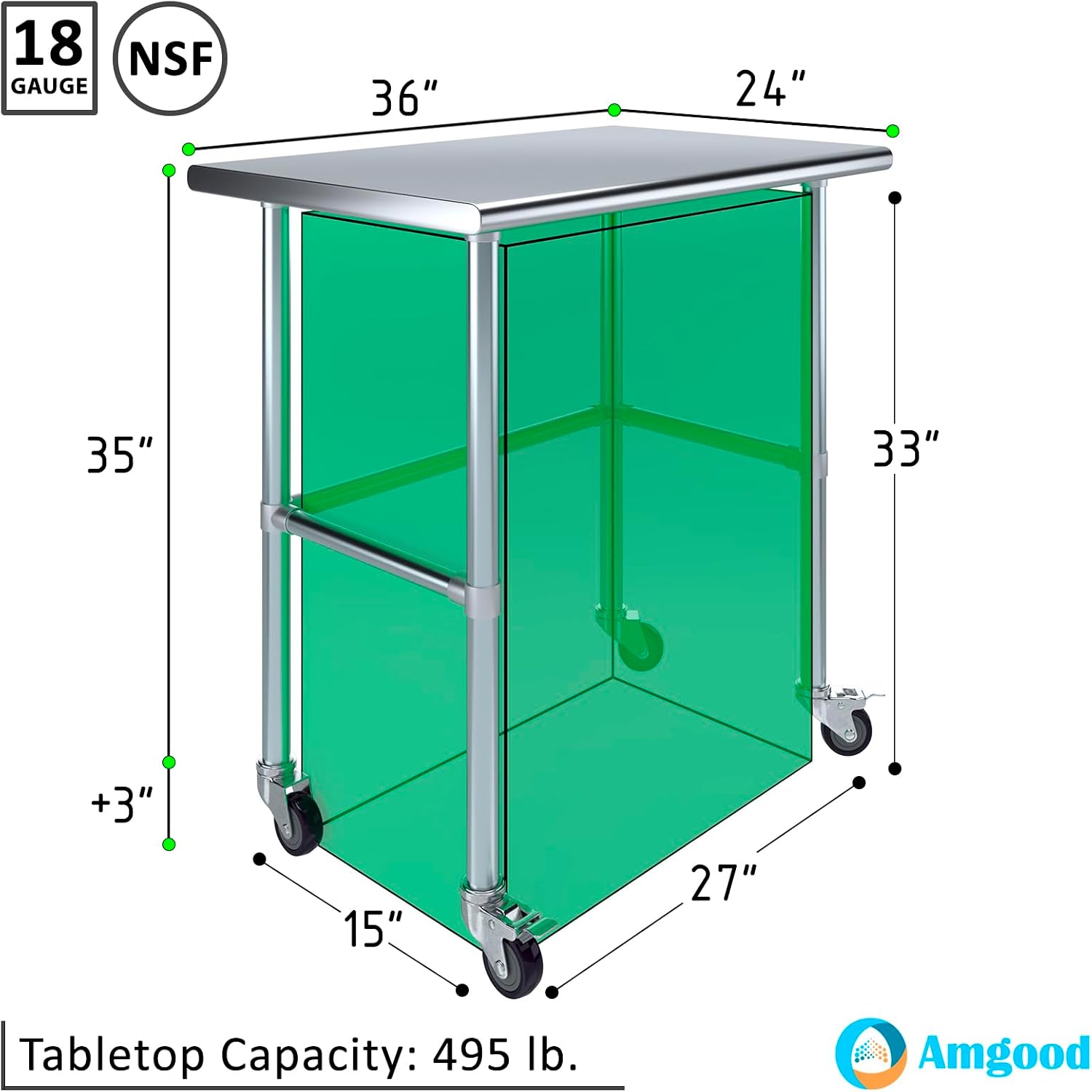 AmGood Stainless Steel Work Table Open Base & Wheels | Work Station | Metal Work Bench (Stainless Steel Work Table Open Base + Casters, 36' Long x 24' Deep)