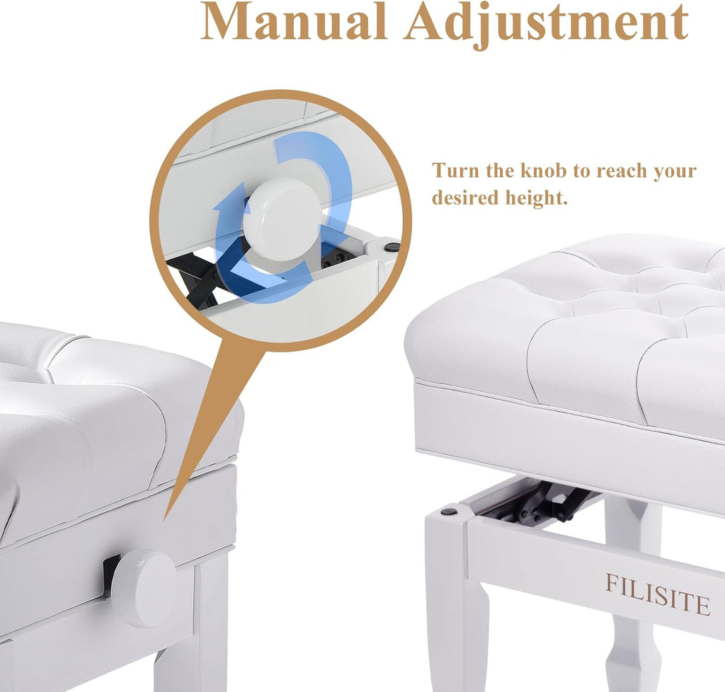 Adjustable Height Piano Bench with Storage, Heavy Duty Solid Wood Piano Stool Keyboard Bench with PU Leather Padded Cushion(White)