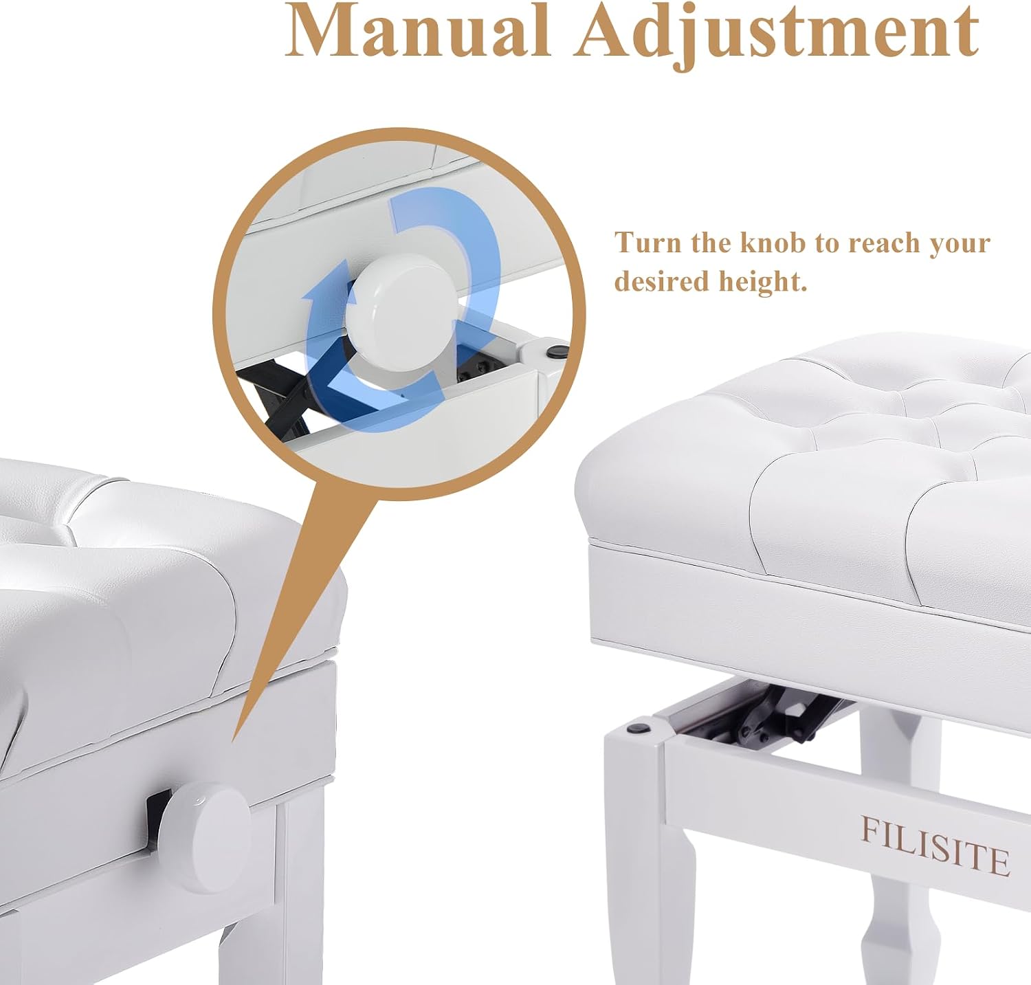 Adjustable Height Piano Bench with Storage, Heavy Duty Solid Wood Piano Stool Keyboard Bench with PU Leather Padded Cushion(White)
