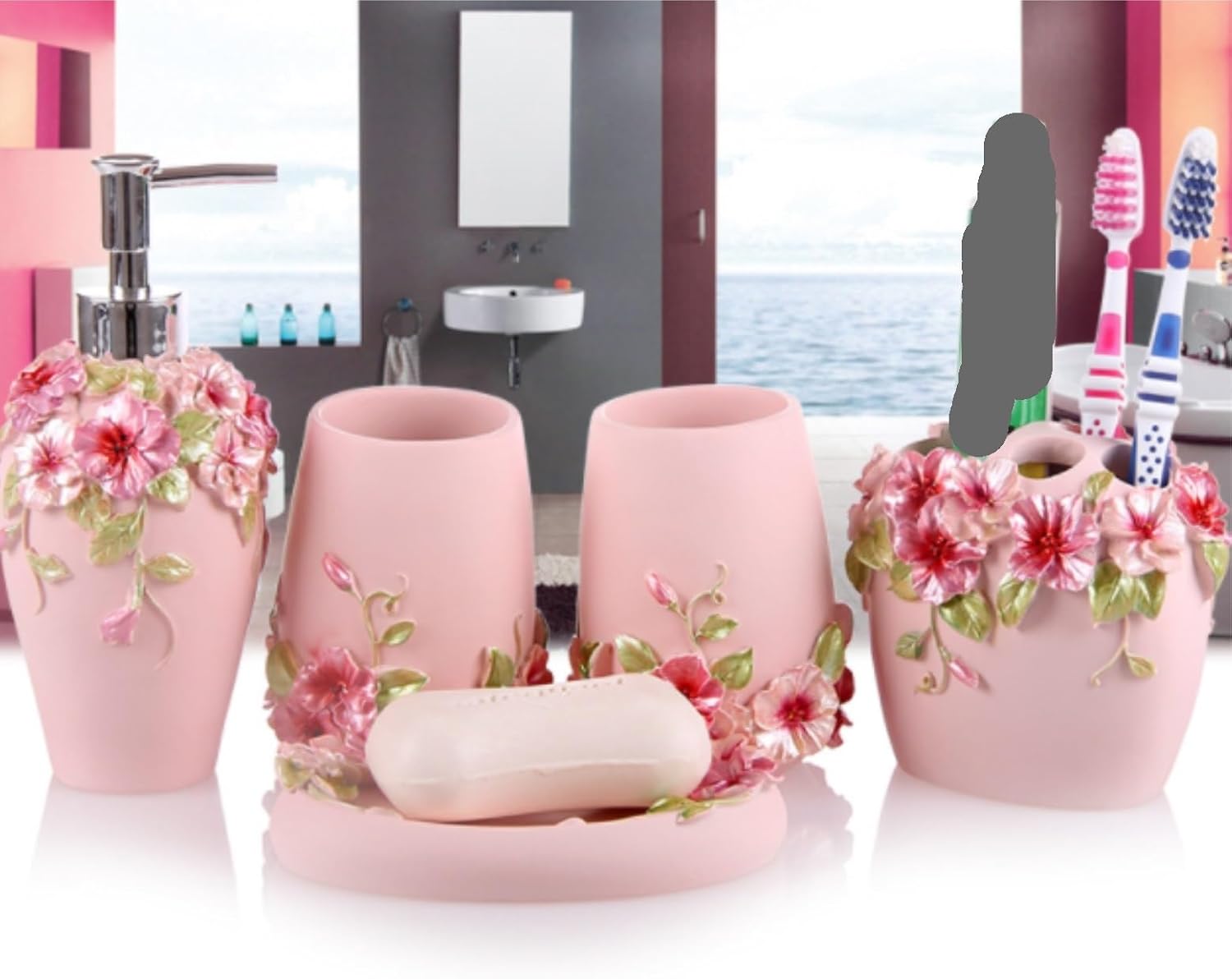 Vanity Bathroom Decor, 6pcs Liquid Dispenser Bathroom Accessories Set Resin Bathroom Set Toothbrush Holder Soap Dish 2 Tumblers Housewarming Gift