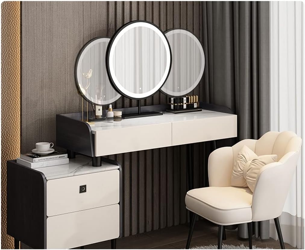 Vanity Benches Dresser Bedroom Modern Minimalist Makeup Table All-in-one Storage Cabinet with LED Round Mirror and Stool (Color : A)