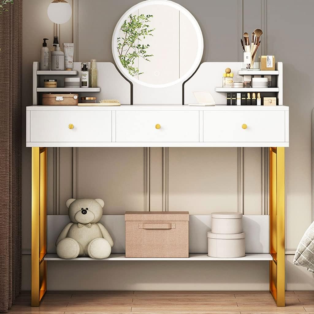 Vanity Benches Vanity Table Set Touch Screen Lighted Mirror, with 3 Large Drawers, Two Display ，Bottom Storage Shelf Ladies Or Girls Dresser (Color : A, Size : 100x40x119 cm)