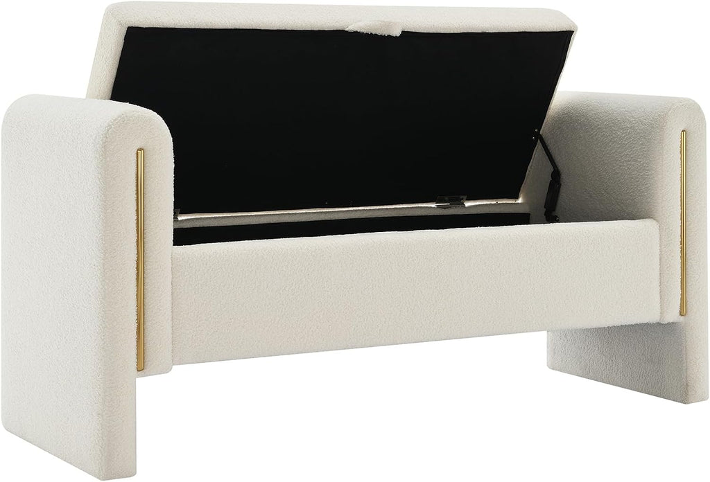 JIJIWANG Modern Bed End Bench with Arms and Storage, Upholstered Bed Bench Entryway Bench Ottoman Comfy Window Vanity Bench Footstool for Living Room,Bedroom,Cream