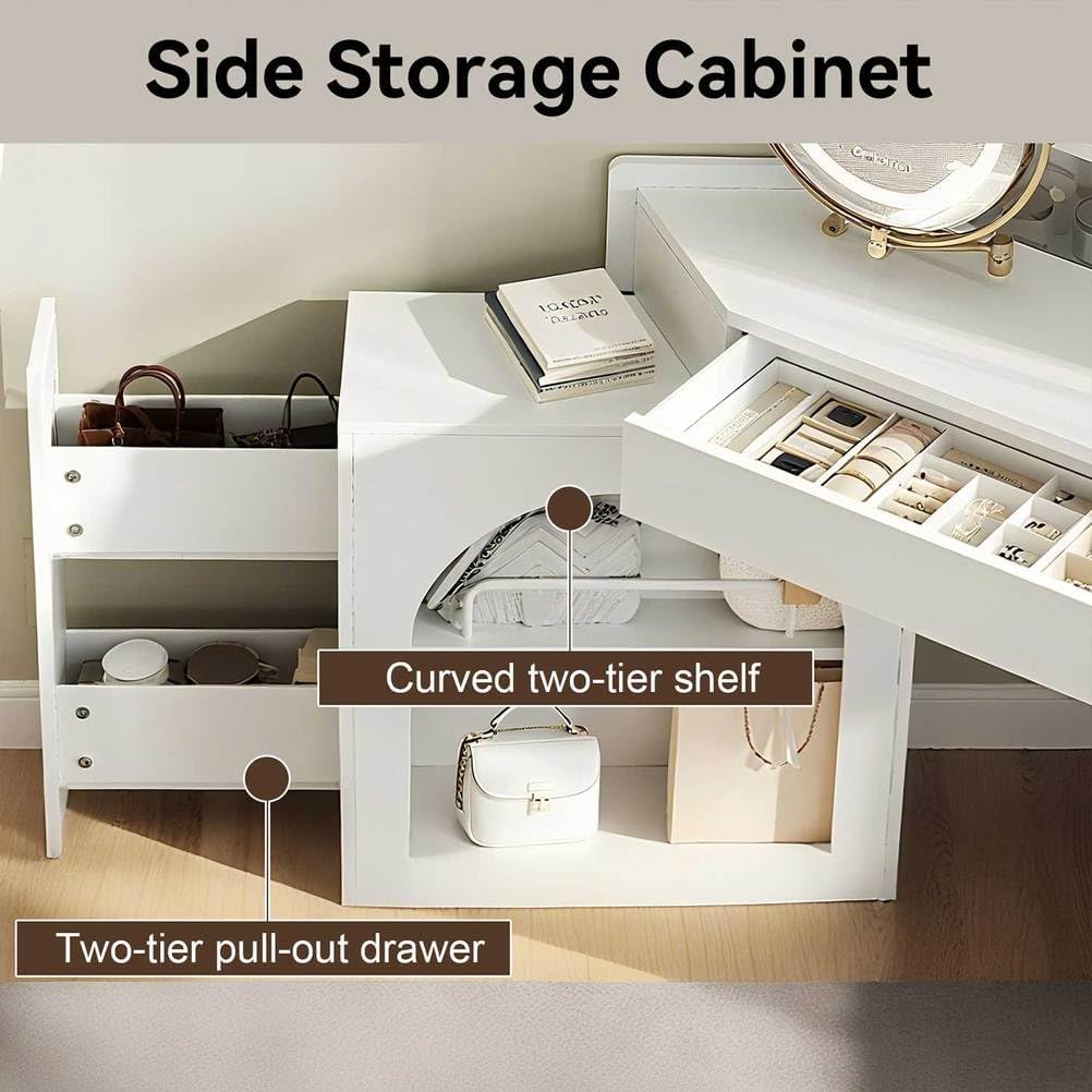 Corner Makeup Vanity Desk with Mirror and Lights, LED 3-Color Adjustable, Large Drawers & Side Cabinet, Cushioned Stool, Modern Dressing Table for Bedroom Small Spaces,White