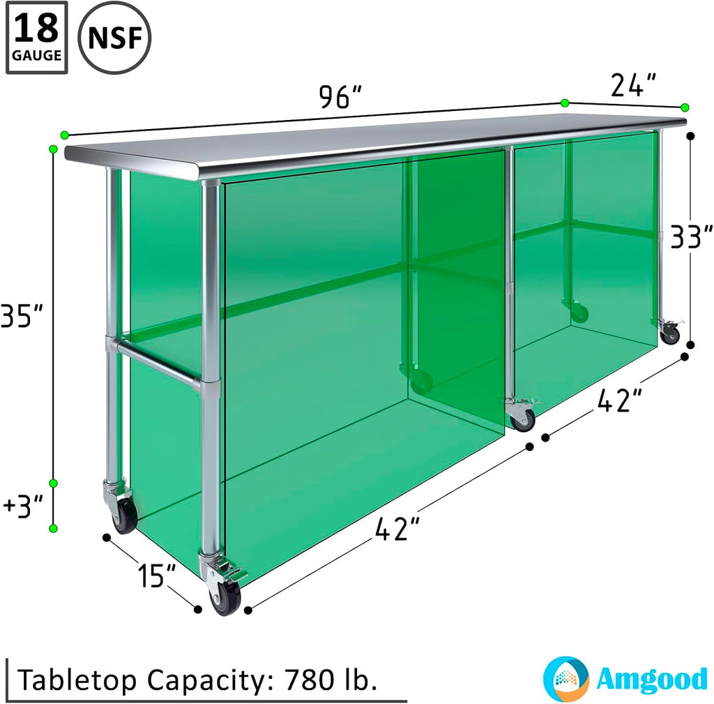AmGood Stainless Steel Work Table Open Base & Wheels | Work Station | Metal Work Bench (Stainless Steel Work Table Open Base + Casters, 96' Long x 24' Deep)