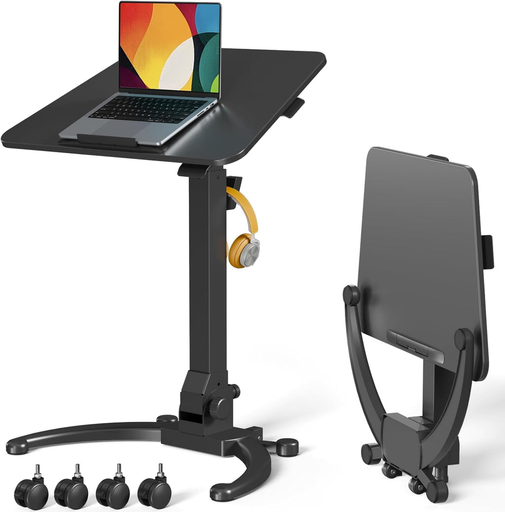JOY worker Foldable Mobile Standing Desk, Upgraded Height Adjustable Rolling Desk, Max Height 47.6', 90° Tiltable Board & Base, Portable Workstation with Moveable Wheels, Holds Up to 22lbs, Black