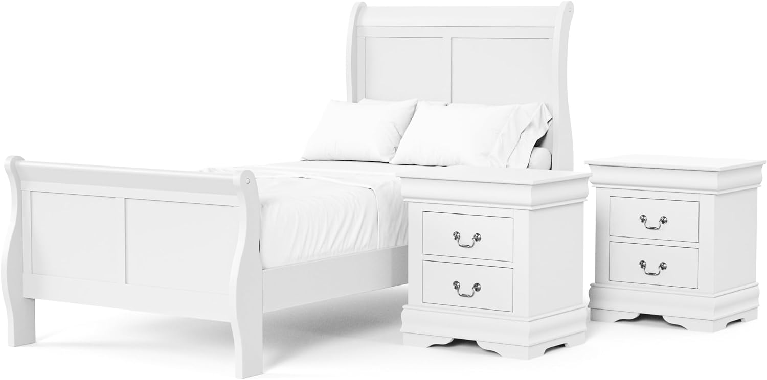 Furniture of America Louis Phillipe Traditional Solid Wood 3 Piece Bedroom Set, Twin Bed Frame and Nightstands Set of 2, Chic Sleigh Bedframe with Headboard and Footboard, Box Spring Needed, White
