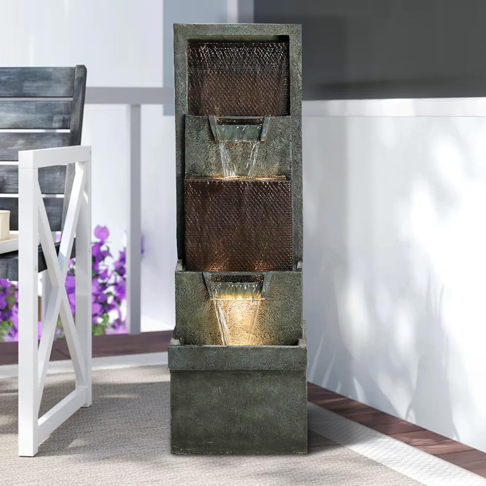 39.3' Outdoor Garden Water Fountain - Outdoor/Indoor Waterfall Floor-Standing Fountains with LED Lights for Yard, Floor Patio, Backyard and Home Art Deco