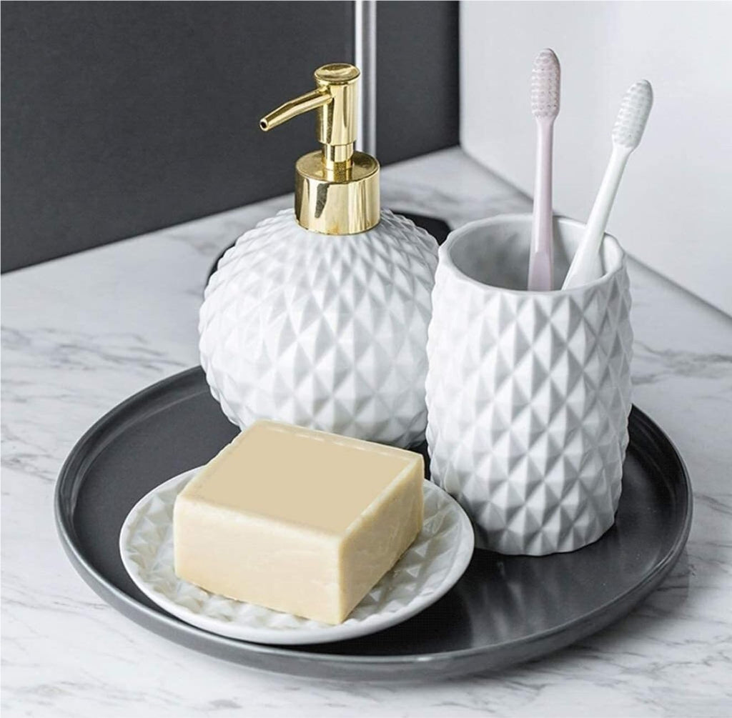 Vanity Bathroom Decor, 5pcs Ceramic Bathroom Accessories Set Geometric Bathroom Set Includes Lotion Dispenser Pump Tumbler Housewarming Gift