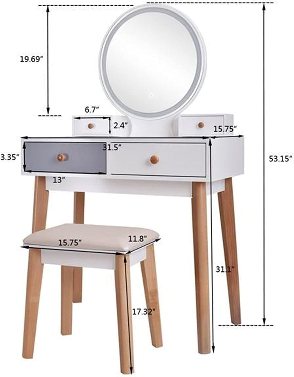 TOMYEUS Dressing Table Vanity Table with Mirror Bedroom Wood Dressing Table Simple Makeup Table with Lamp Three Color Adjustable Vanity Benches/Makeup Vanity Desk (Color : White)