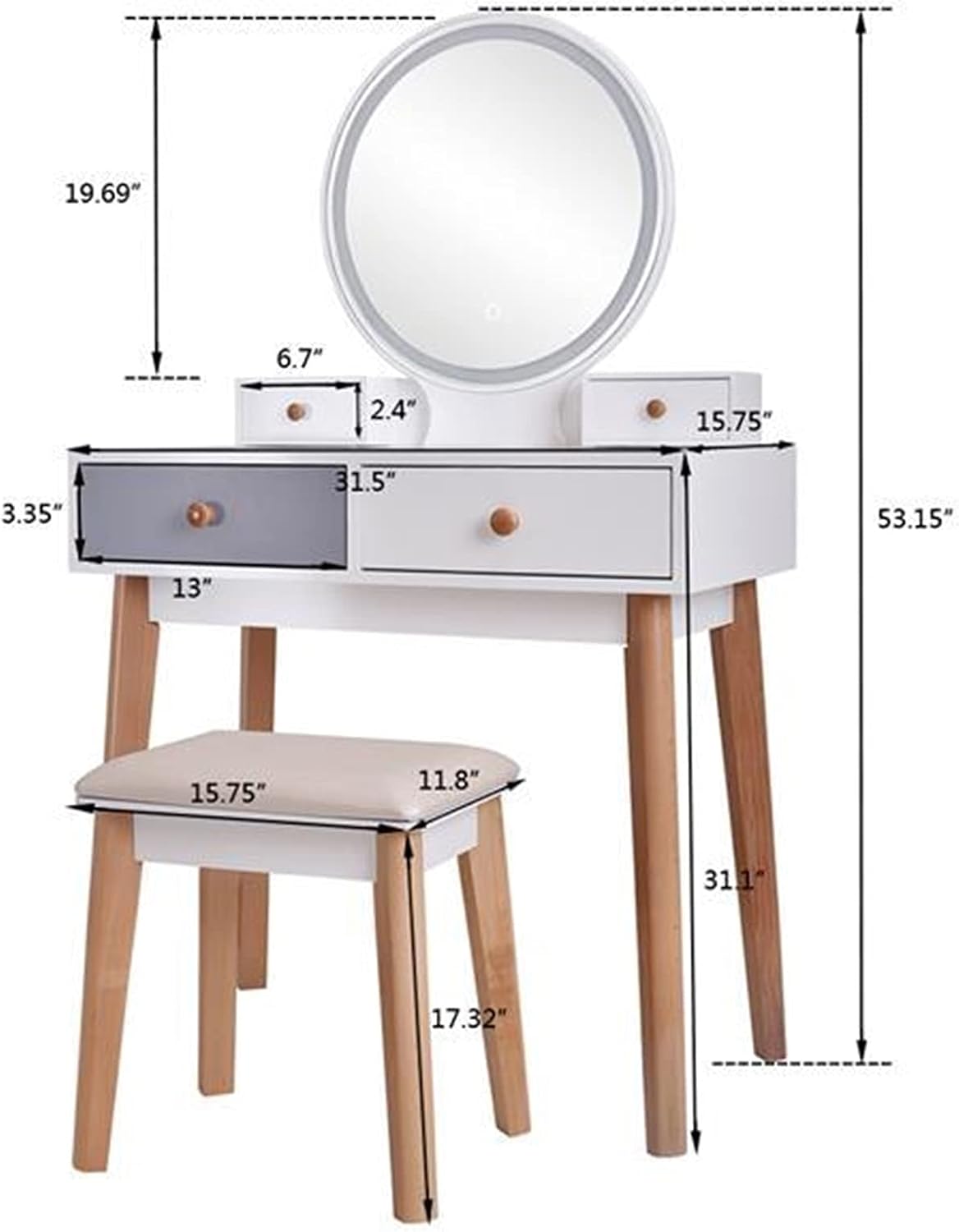 TOMYEUS Dressing Table Vanity Table with Mirror Bedroom Wood Dressing Table Simple Makeup Table with Lamp Three Color Adjustable Vanity Benches/Makeup Vanity Desk (Color : White)