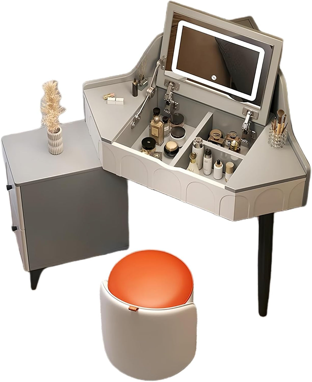 Modern Flip Top Vanity Table with LED Mirror and Drawers, Corner Dresser with Side Storage Cabinet in Small Space, Makeup Desk with Ergonomic Chair(Gray,W/CHR-B)