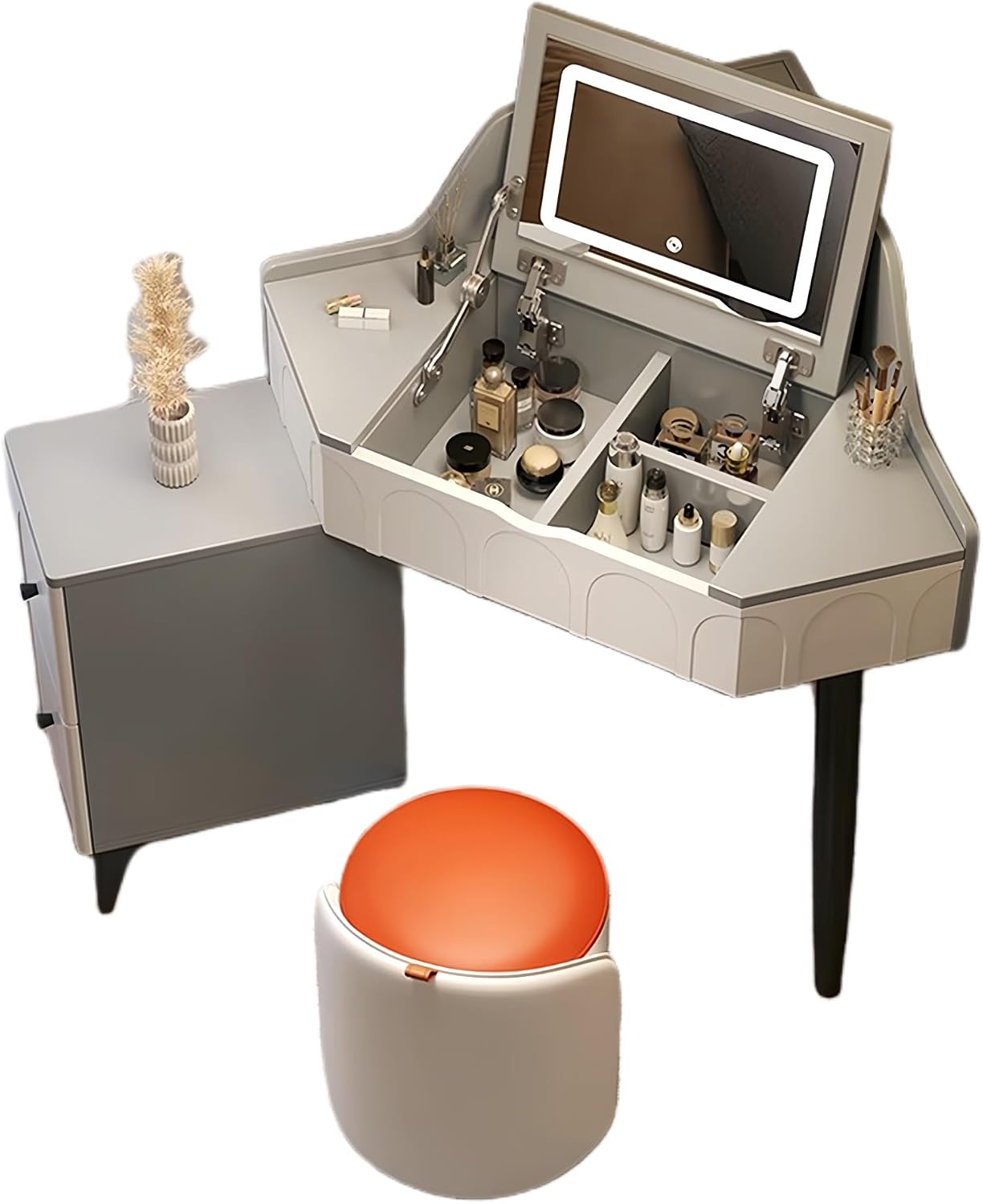 Modern Flip Top Vanity Table with LED Mirror and Drawers, Corner Dresser with Side Storage Cabinet in Small Space, Makeup Desk with Ergonomic Chair(Gray,W/CHR-B)