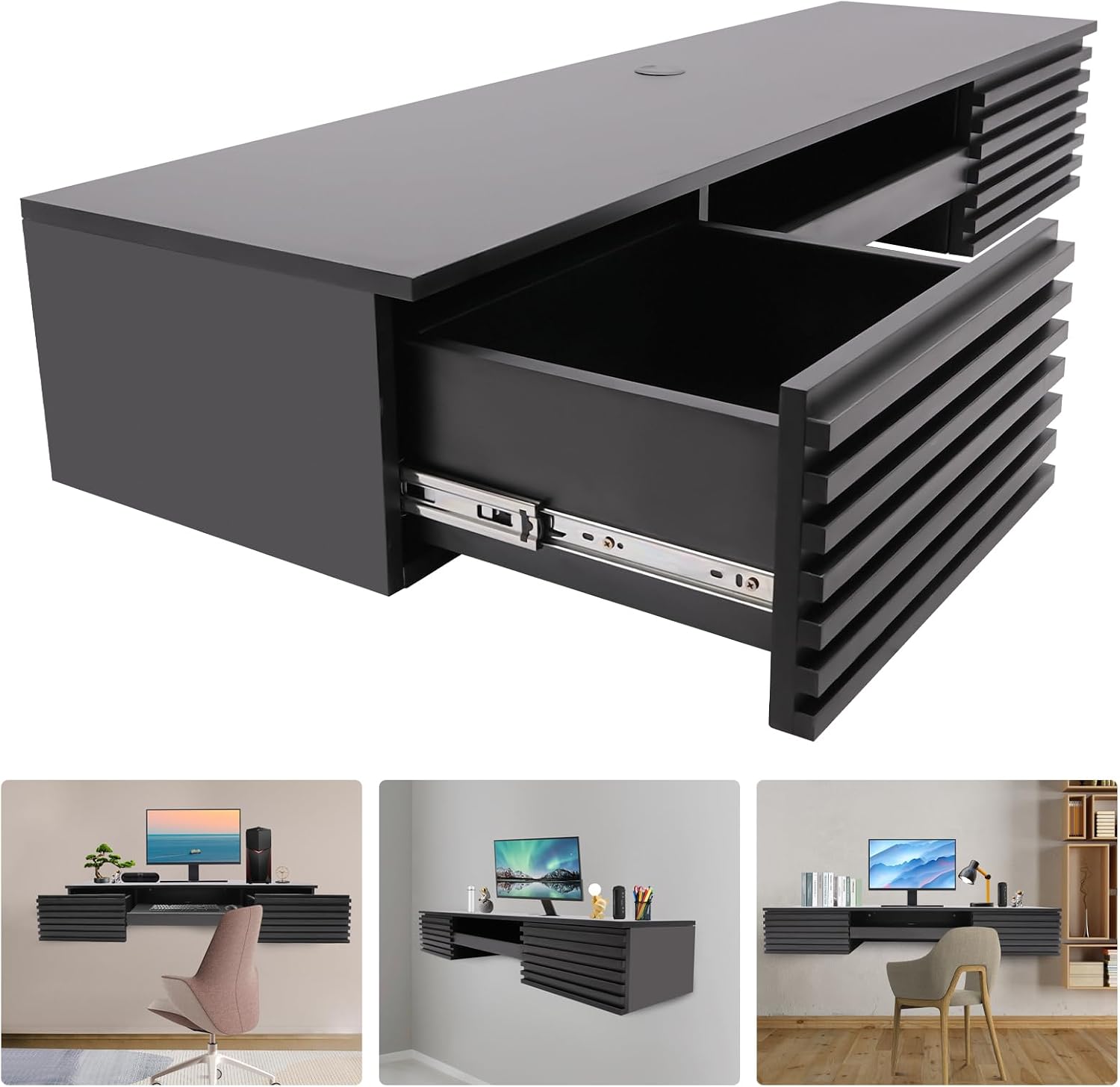 Wall Mounted Desk, Floating Work Table, Small Spaces Hanging Workbench with Pull-out 2 Drawers, Mount Computer Laptop Desks, Wall-mounted Corner Book Shelf for Bedroom Student Dormitories (Black)