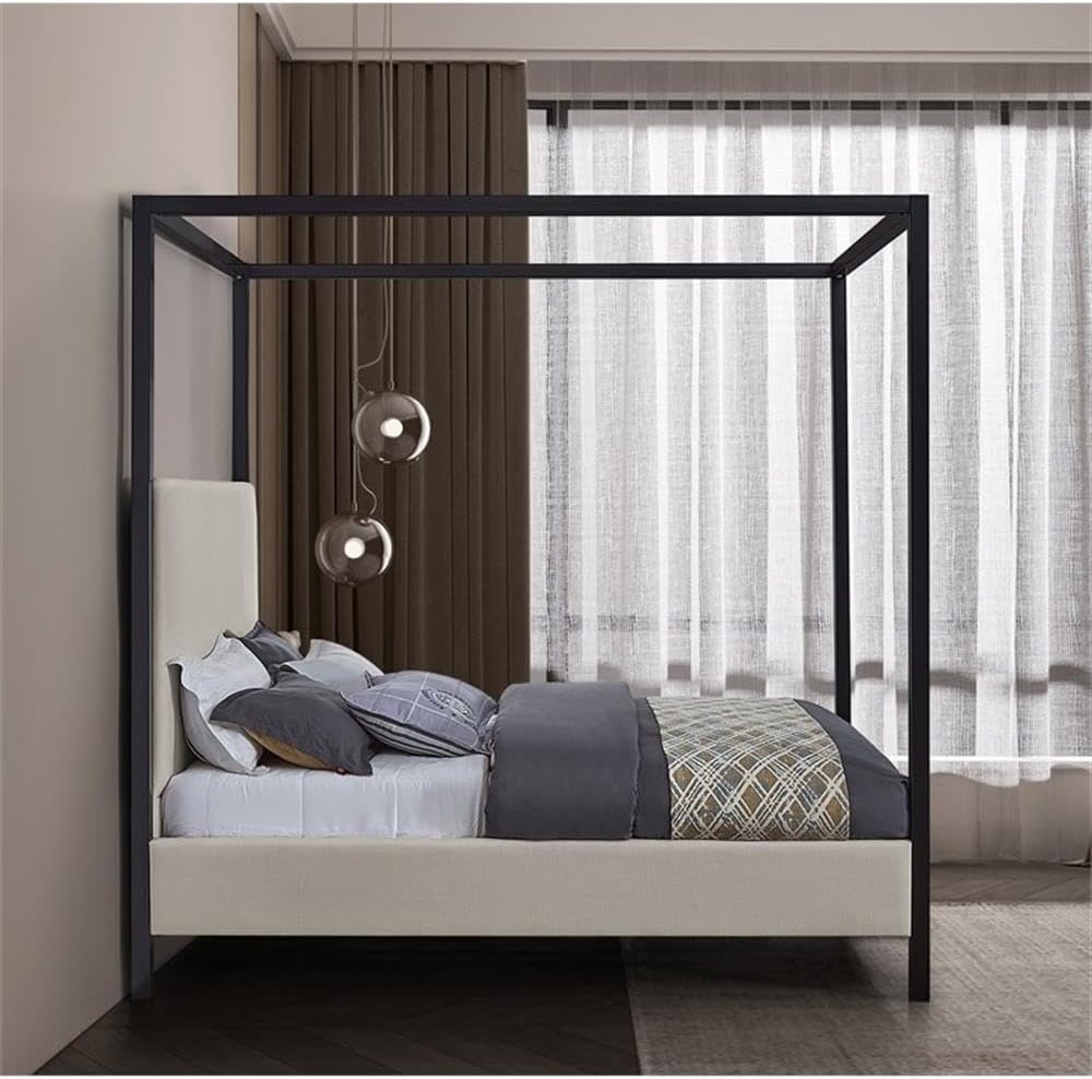 Meridian Furniture JamesGrey-Q James Collection Modern | Contemporary Queen Bed with Beige Linen Textured Fabric, Matte Black Steel Canopy, Full Slats, 65' W x 85' D x 86' H, Beige, Queen