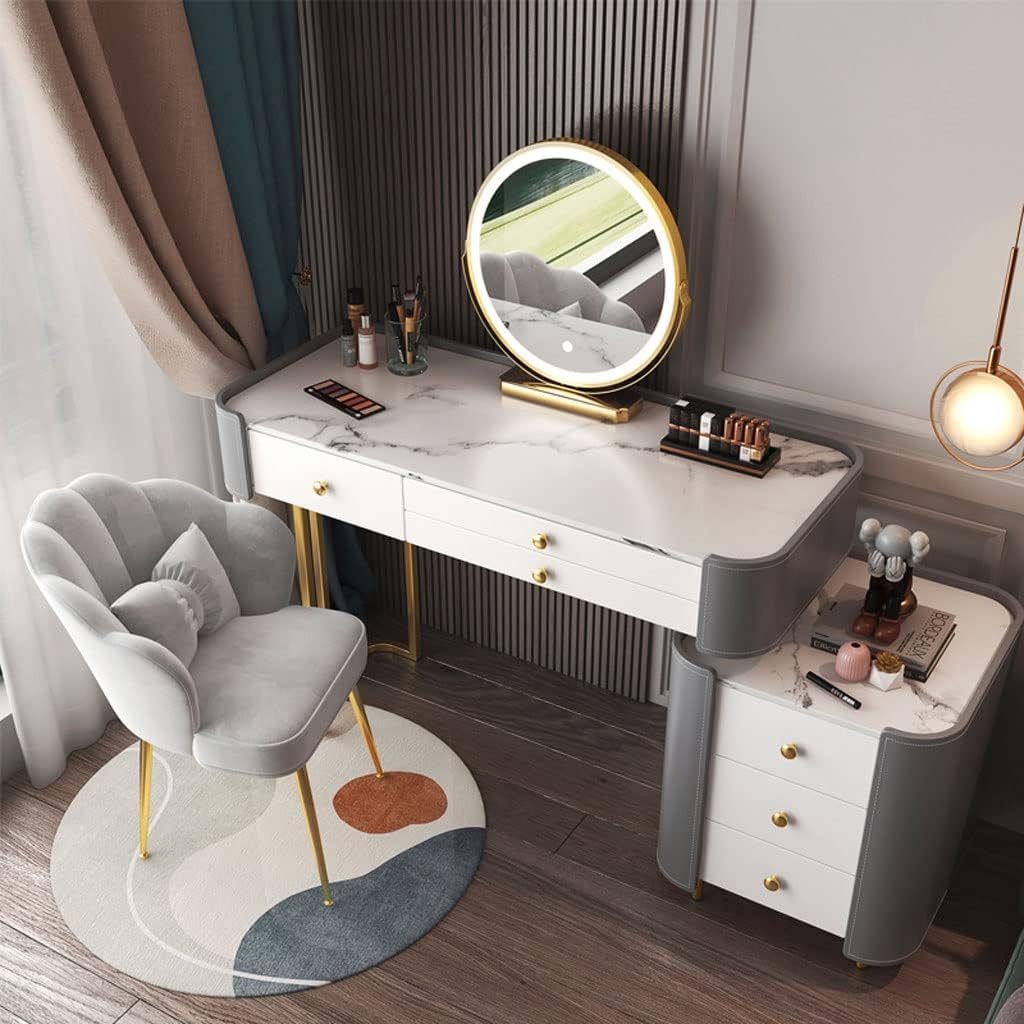 Vanity Benches Dresser Bedroom Modern Minimalist Retractable Dresser with Side Cabinet, LED Round Mirror, Dressing Stool, Multiple Drawers (Color : A)
