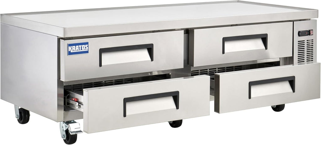 Kratos Commercial Refrigerator, 72' Wide Four Drawer Chef's Base, Refrigerated Mobile Equipment Stand for Restaurants, Stainless Steel, 115V, Large 16 Cubic Ft. Capacity (67K-317)