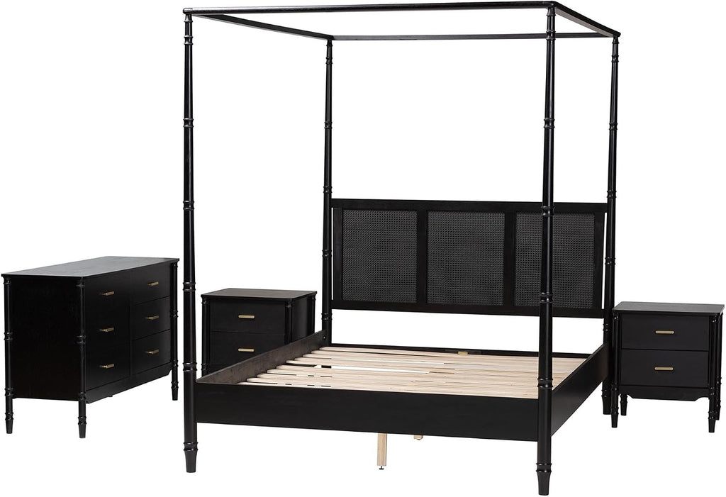 Baxton Studio Marisela 4 Piece Black Bedroom Set Rattan Headboard King
