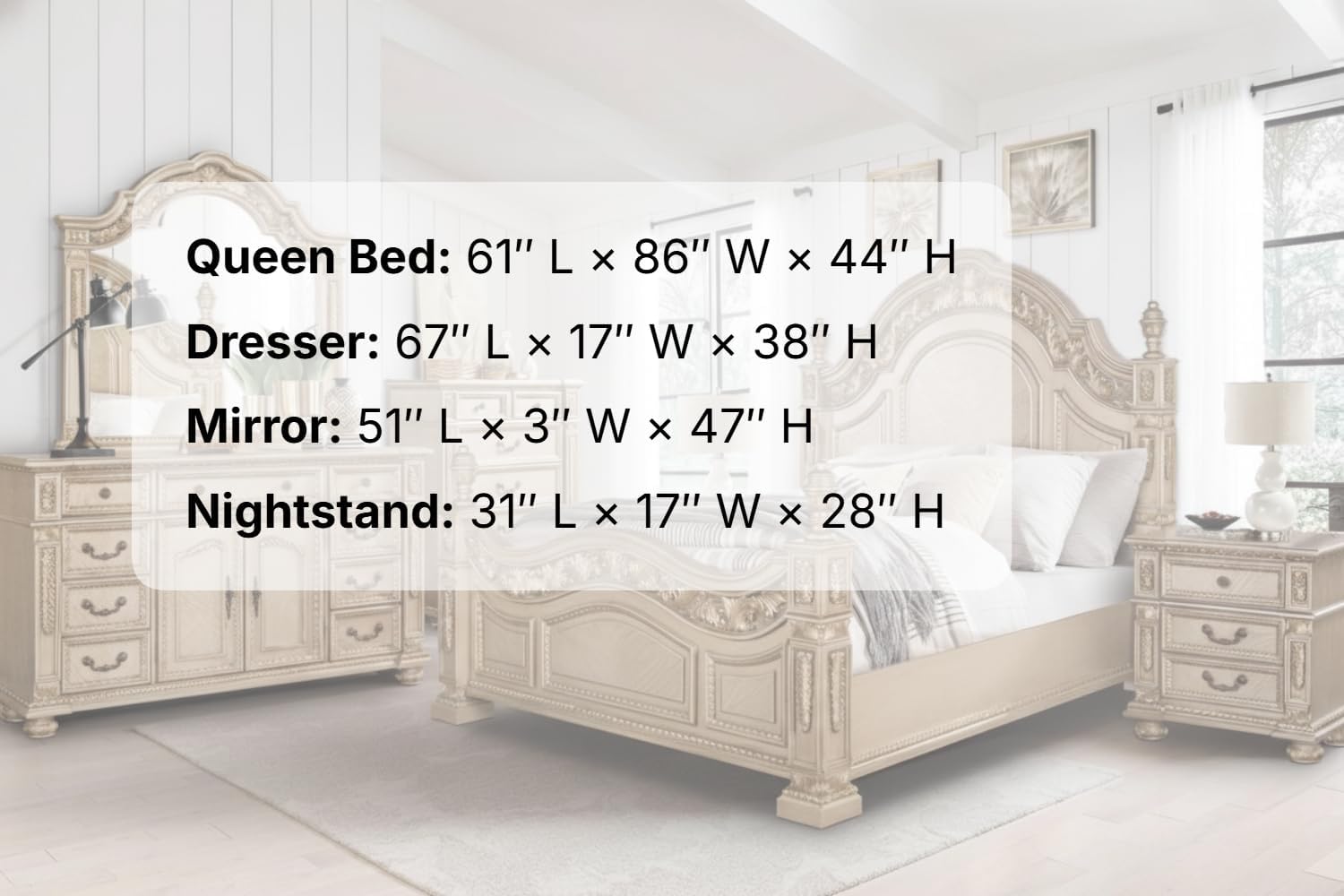 First of a Kind Carolina Gold Finish Traditional 4 Piece Queen Bedroom Set with Upholstered Tufted Headboard Ornate European Inspired Design Coordinated Furniture Collection