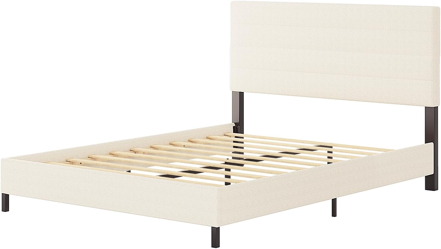 Furnihome Queen Bed Frame, Modern Sherpa Upholstered Bed Frame with Adjustable Headboard, Wooden Slats Support Platform Queen Size Bed Frames, No Box Spring Needed,Easy Assembly,Cream