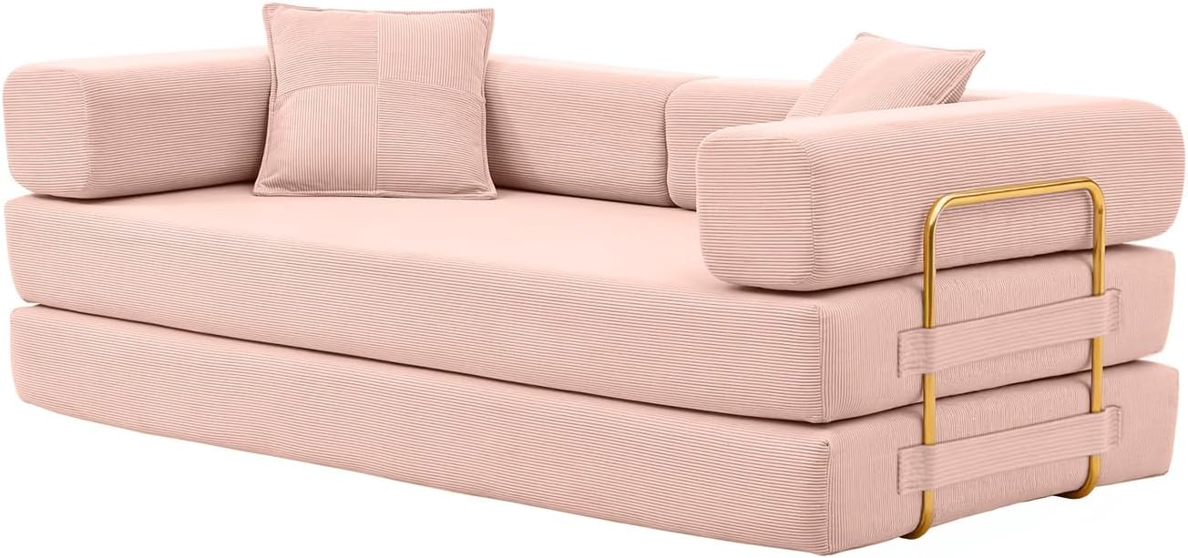 4-in-1 Folding Convertible Sofa Bed, 78 Inch Boneless Couch with Fixed-Shape Frame, Corduroy Loveseat Sleeper with Pull Out Bed, Floor Sofa Modular Futon Couch for Living Room Bedroom Lounge (Pink)