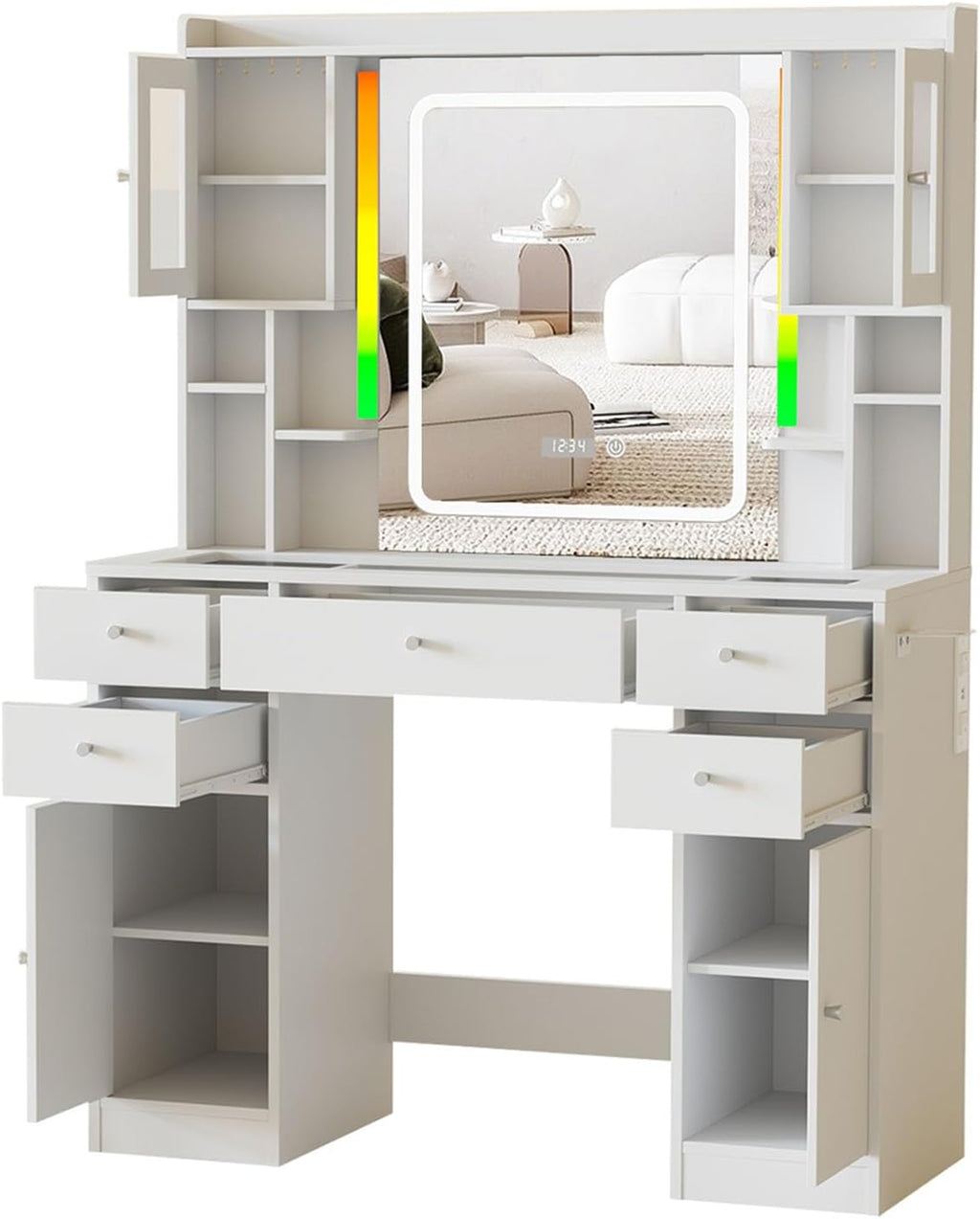 Halitaa White Vanity Desk with LED Mirror,Makeup Vanity with Charging Station & RGB Lights,5 Drawers 4 Shelves Makeup Desk Vanity Table Stool Set with Glass Table Top & Time Display Lights, White