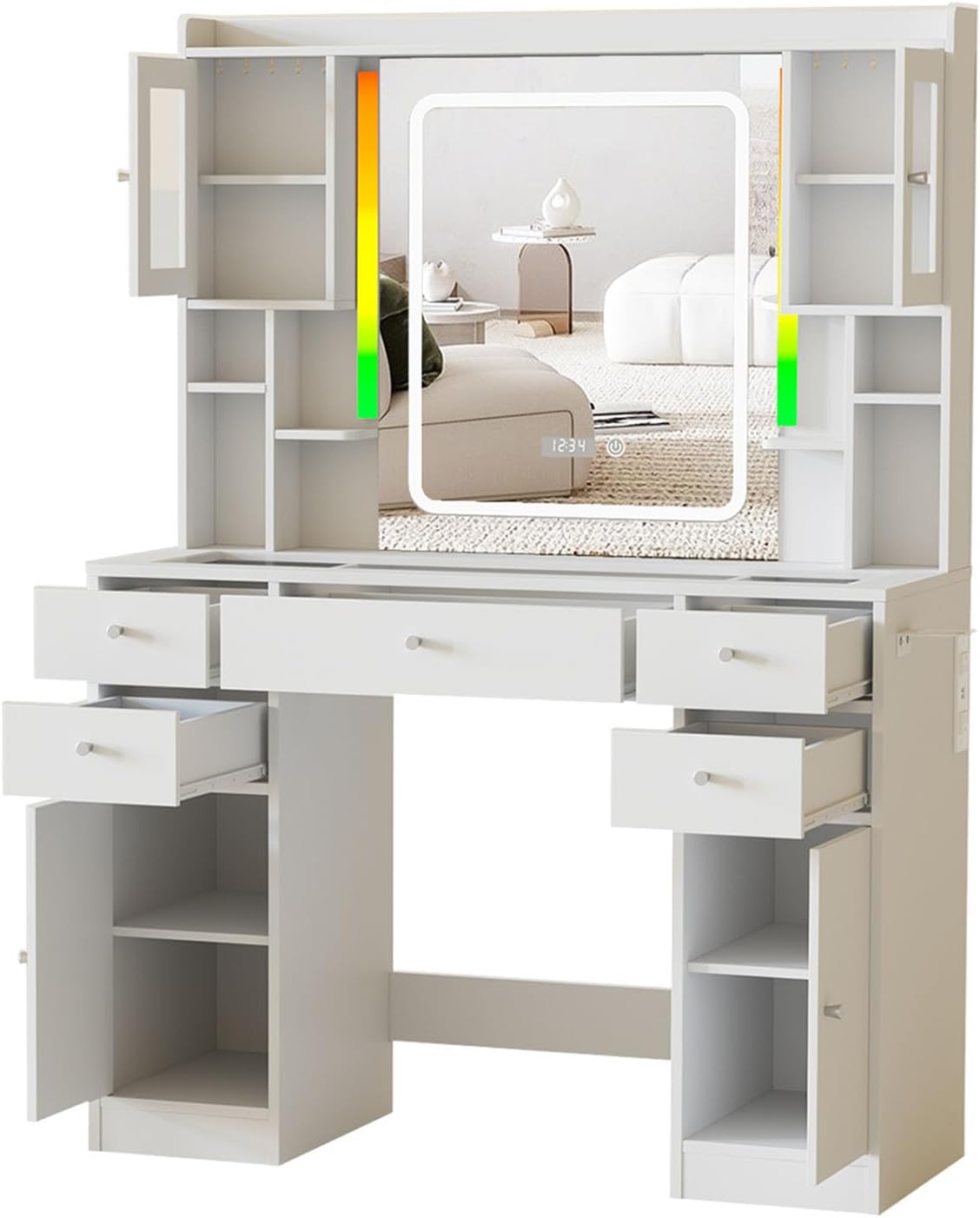 Halitaa White Vanity Desk with LED Mirror,Makeup Vanity with Charging Station & RGB Lights,5 Drawers 4 Shelves Makeup Desk Vanity Table Stool Set with Glass Table Top & Time Display Lights, White
