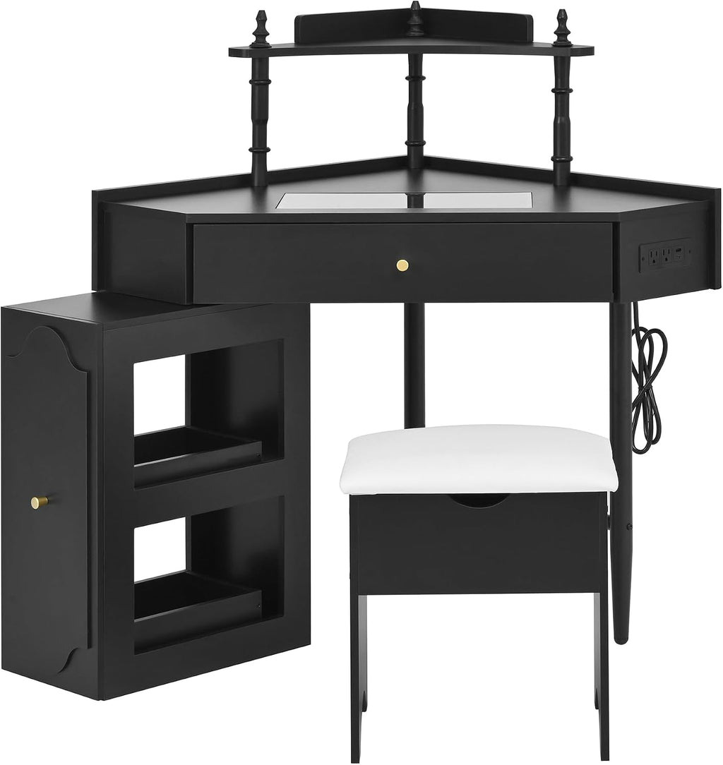 Corner Vanity Desk Set with Storage Cushioned Stool and Charging Station, Triangle Makeup Desk with Removable Pull-Out Side Cabinet, Glass Tabletop, Drawer and Shelf (Black)