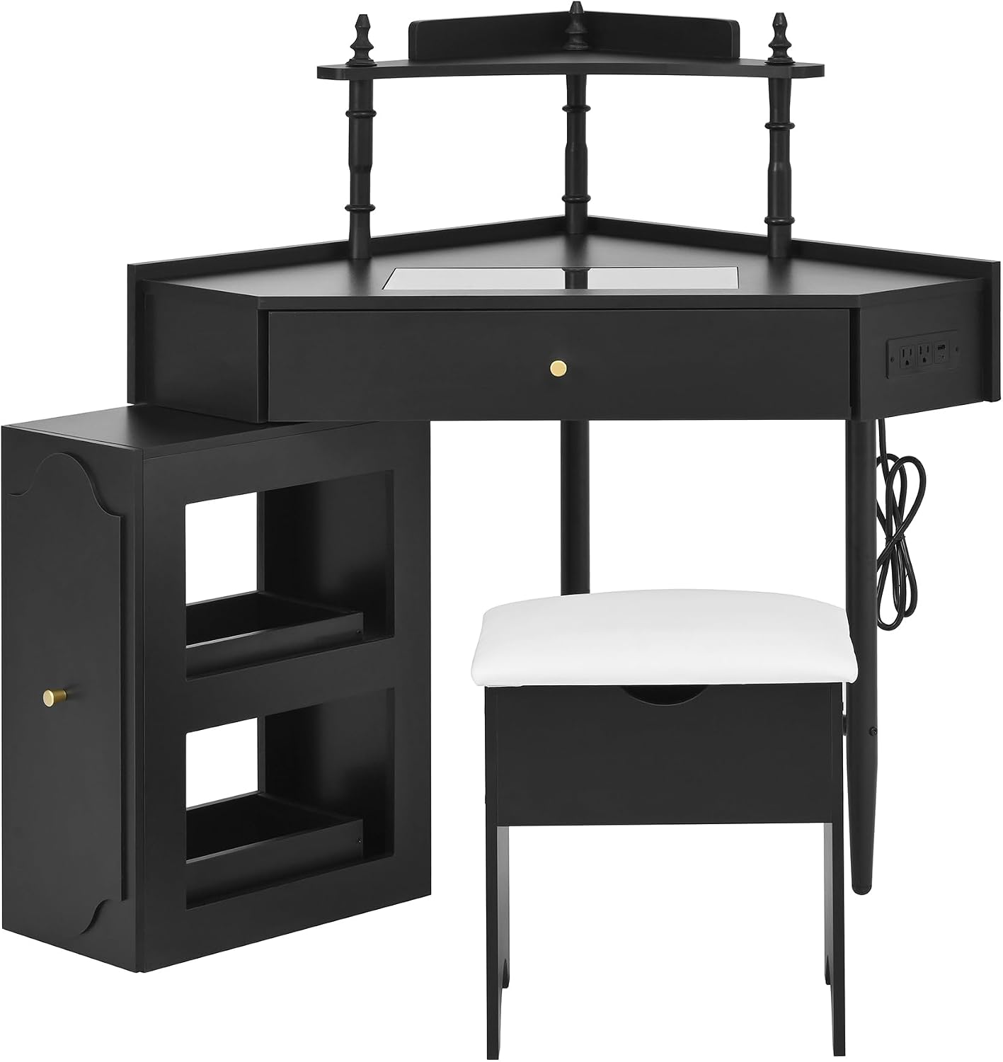 Corner Vanity Desk Set with Storage Cushioned Stool and Charging Station, Triangle Makeup Desk with Removable Pull-Out Side Cabinet, Glass Tabletop, Drawer and Shelf (Black)