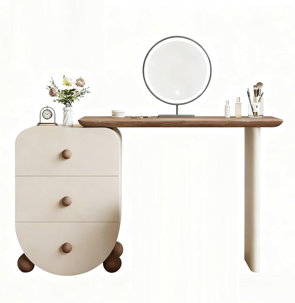 Makeup Vanity Desk ，Spacious Desktop, Three-Tier Side Cabinet, Freely extendable with 90° Corner Rotation, Reinforced Spherical Creative Cabinet Legs, Multi-Layer Solid Wood Frame and Drawers