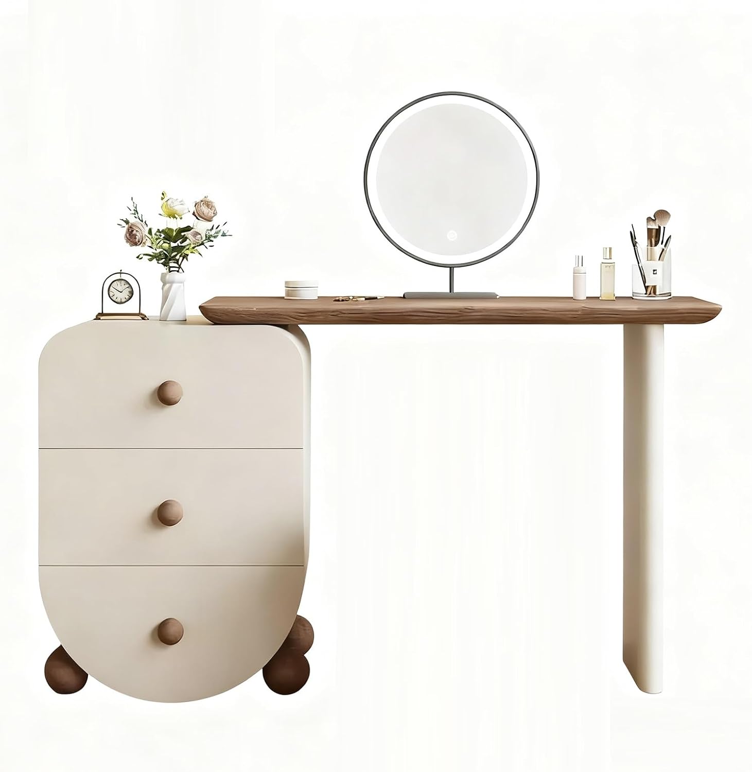 Makeup Vanity Desk ，Spacious Desktop, Three-Tier Side Cabinet, Freely extendable with 90° Corner Rotation, Reinforced Spherical Creative Cabinet Legs, Multi-Layer Solid Wood Frame and Drawers