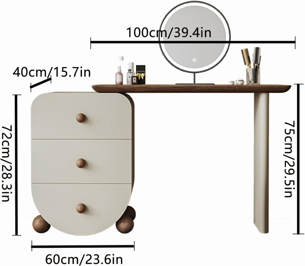 Makeup Vanity Desk ，Spacious Desktop, Three-Tier Side Cabinet, Freely extendable with 90° Corner Rotation, Reinforced Spherical Creative Cabinet Legs, Multi-Layer Solid Wood Frame and Drawers