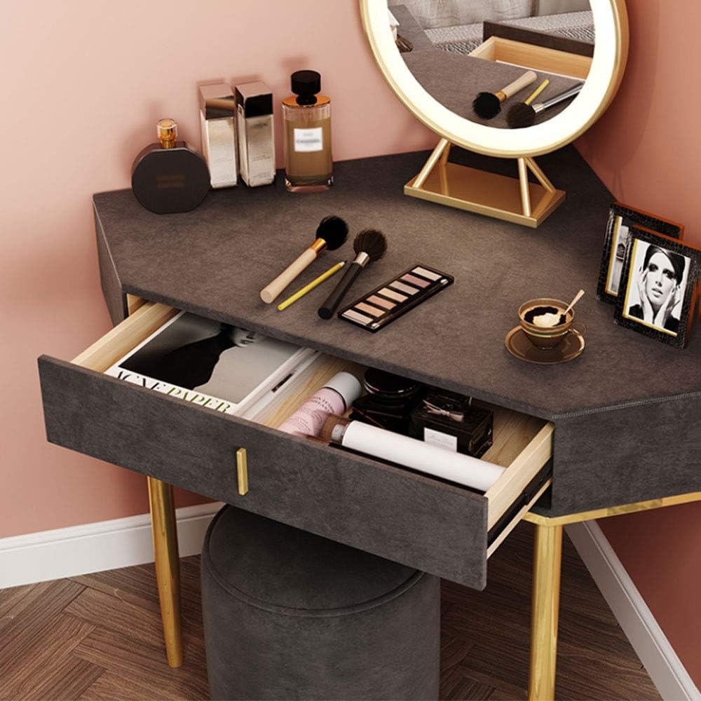 Vanity Benches Corner Dressing Table Gray Dressing Table with Mirrors and Drawers Vanity Table, Solid Wood Triangle Makeup Table for Bedroom Girls Dressing Table Suitable for Home, Room