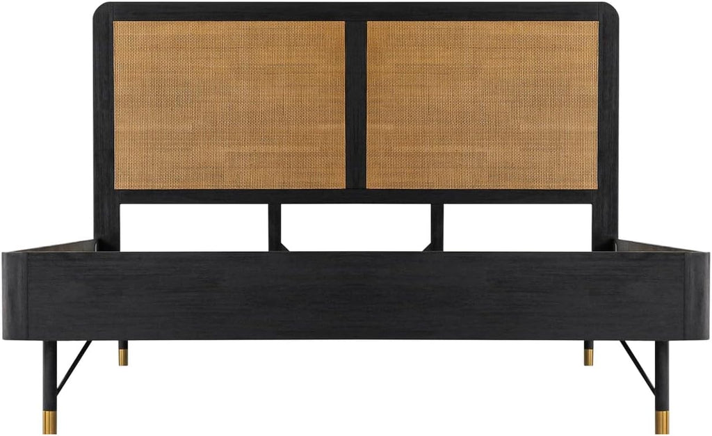 Armen Living Saratoga 4 Piece King Bedroom Set in Black Acacia Wood and Rattan