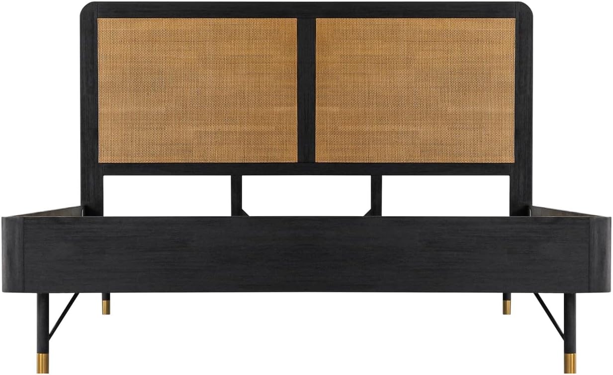 Armen Living Saratoga 4 Piece King Bedroom Set in Black Acacia Wood and Rattan
