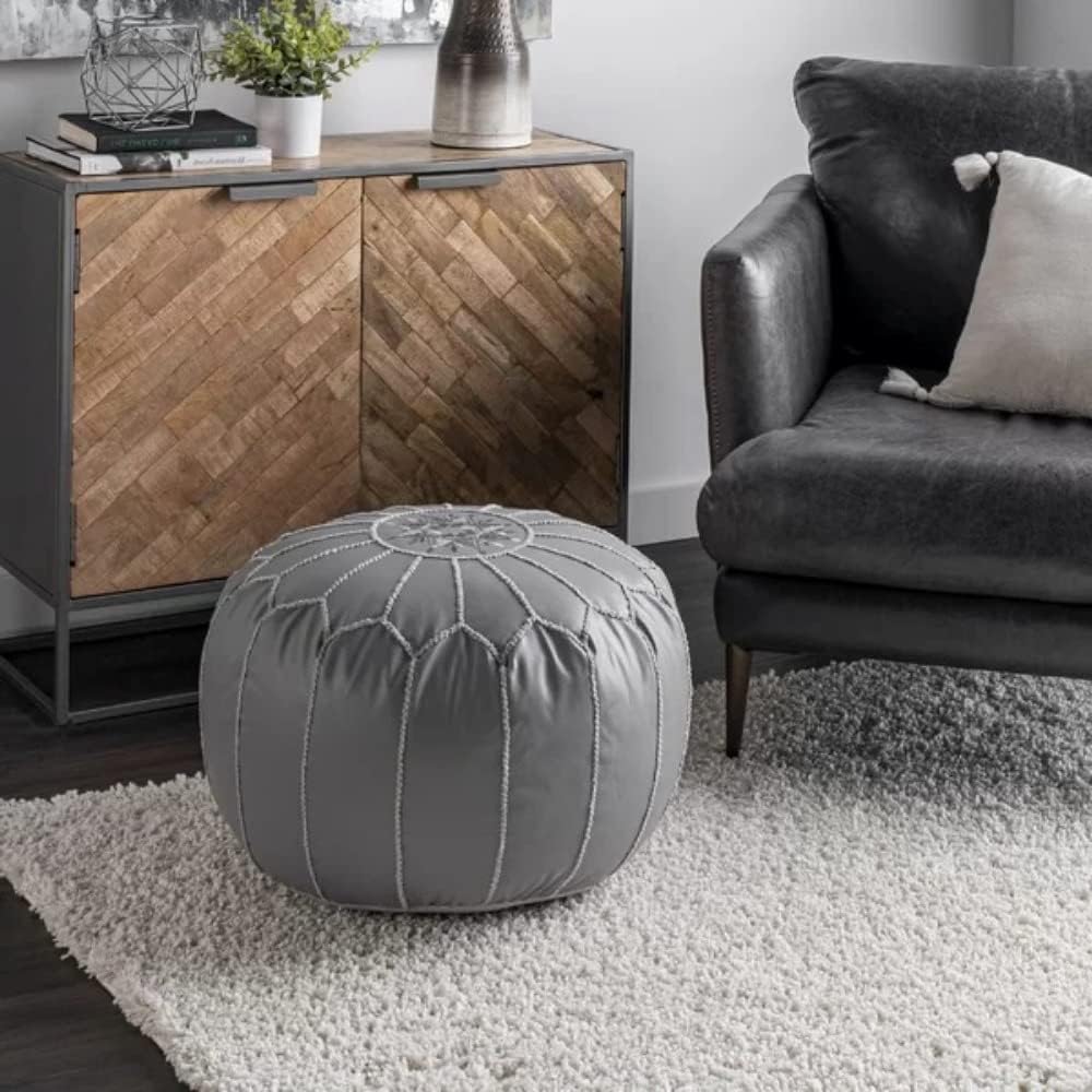 Classy Gray Faux Leather Round Pouf Ottoman 20'' | Stylish Tufted Footrest Vanity Stool Glamorous Touch Luxe Look, | Bench Fluffy Dorm Patio Perfect for Living Room, Bedroom, Lounge Cushioned