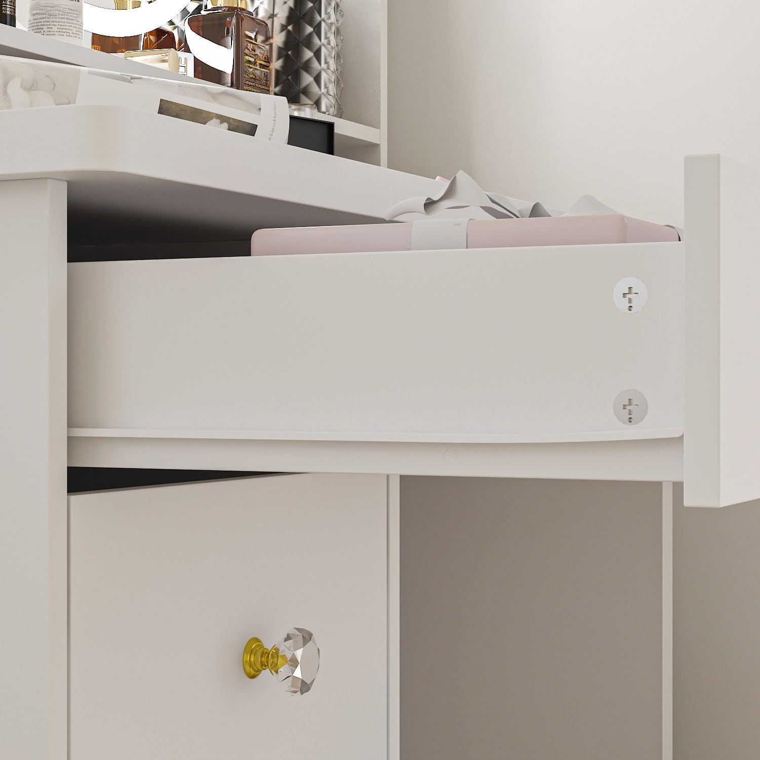 FUFU&GAGA White Vanity Set with Round Mirror, Makeup Vanity Bedroom Dressing Table with 5 Drawers, Shelves, Dresser Desk and Cushioned Stool