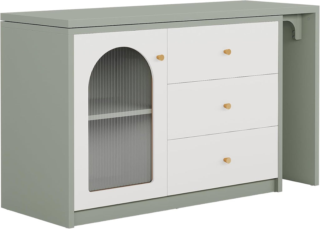 Tribesigns Modern Makeup Vanity, Retractable Large Vanity Desk with 3 Drawers and Cabinet, Makeup Corner Dressing Table for Bedroom, Light Green and White (Without Mirror)