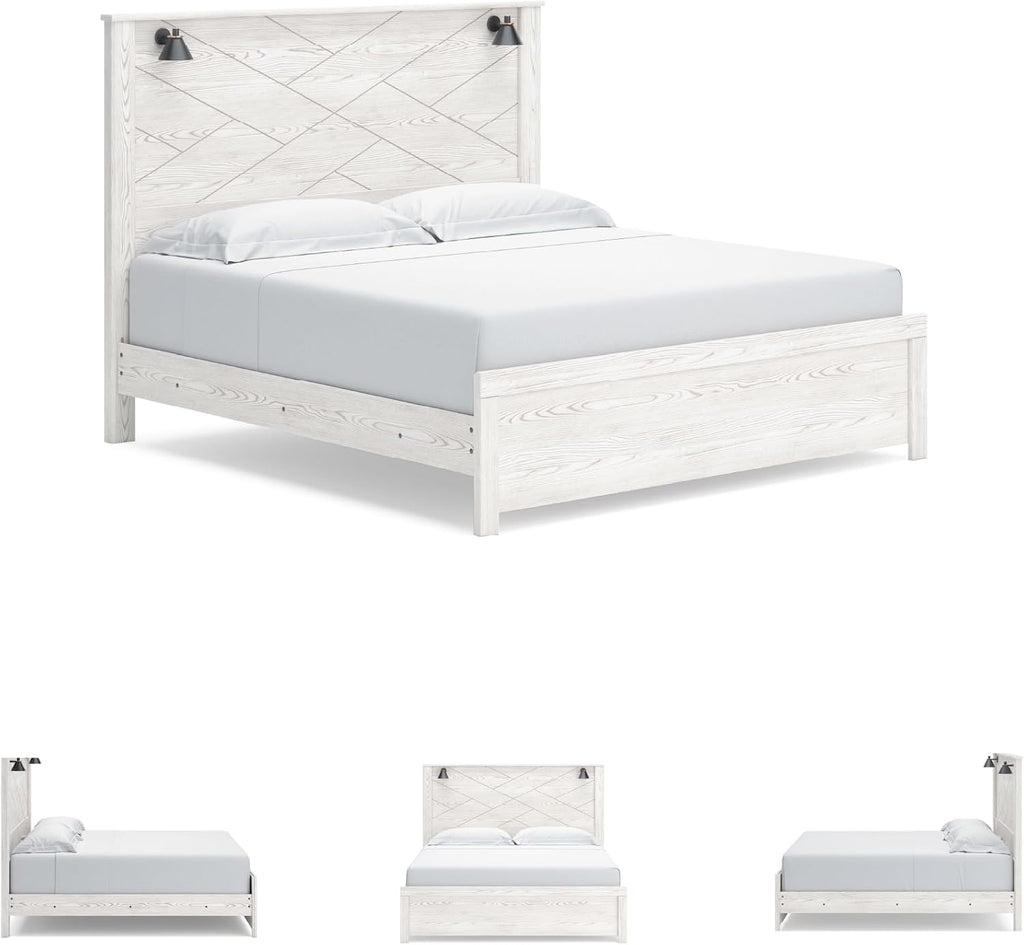 Signature Design by Ashley Gerridan Casual King Panel Bed with Sconce Lights and Metal Slats, Foundation or Box Spring Needed, White