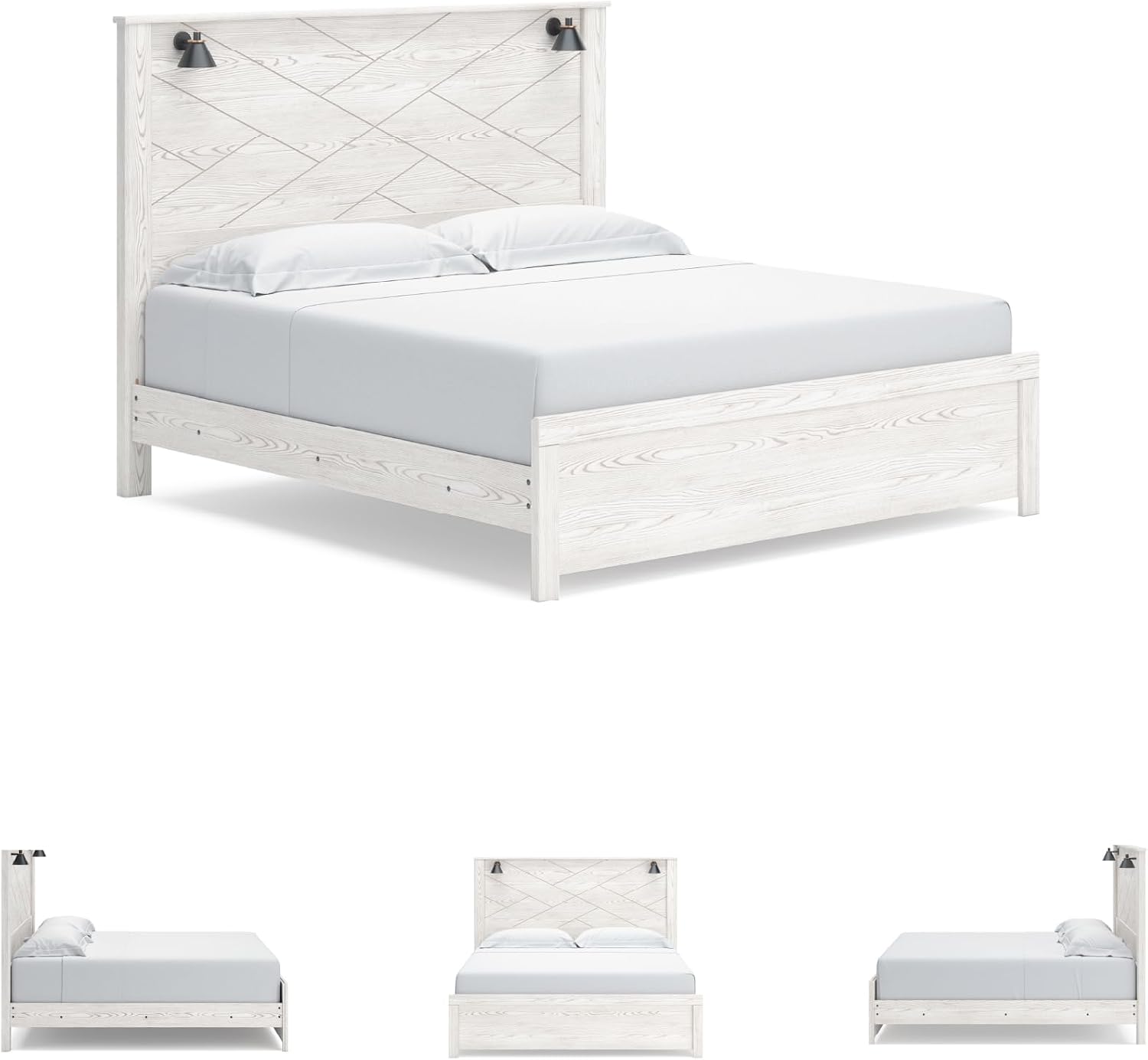 Signature Design by Ashley Gerridan Casual King Panel Bed with Sconce Lights and Metal Slats, Foundation or Box Spring Needed, White