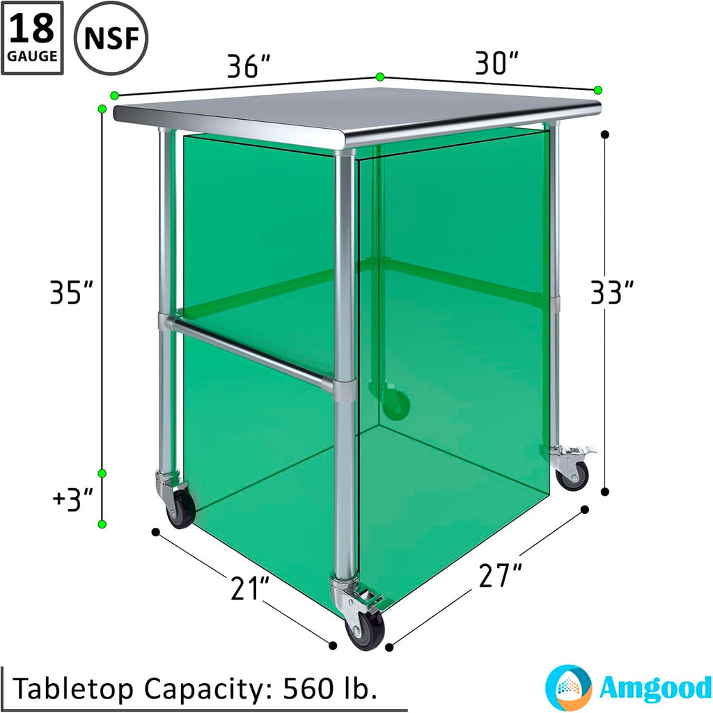 AmGood Stainless Steel Work Table Open Base & Wheels | Work Station | Metal Work Bench (Stainless Steel Work Table Open Base + Casters, 36' Long x 30' Deep)