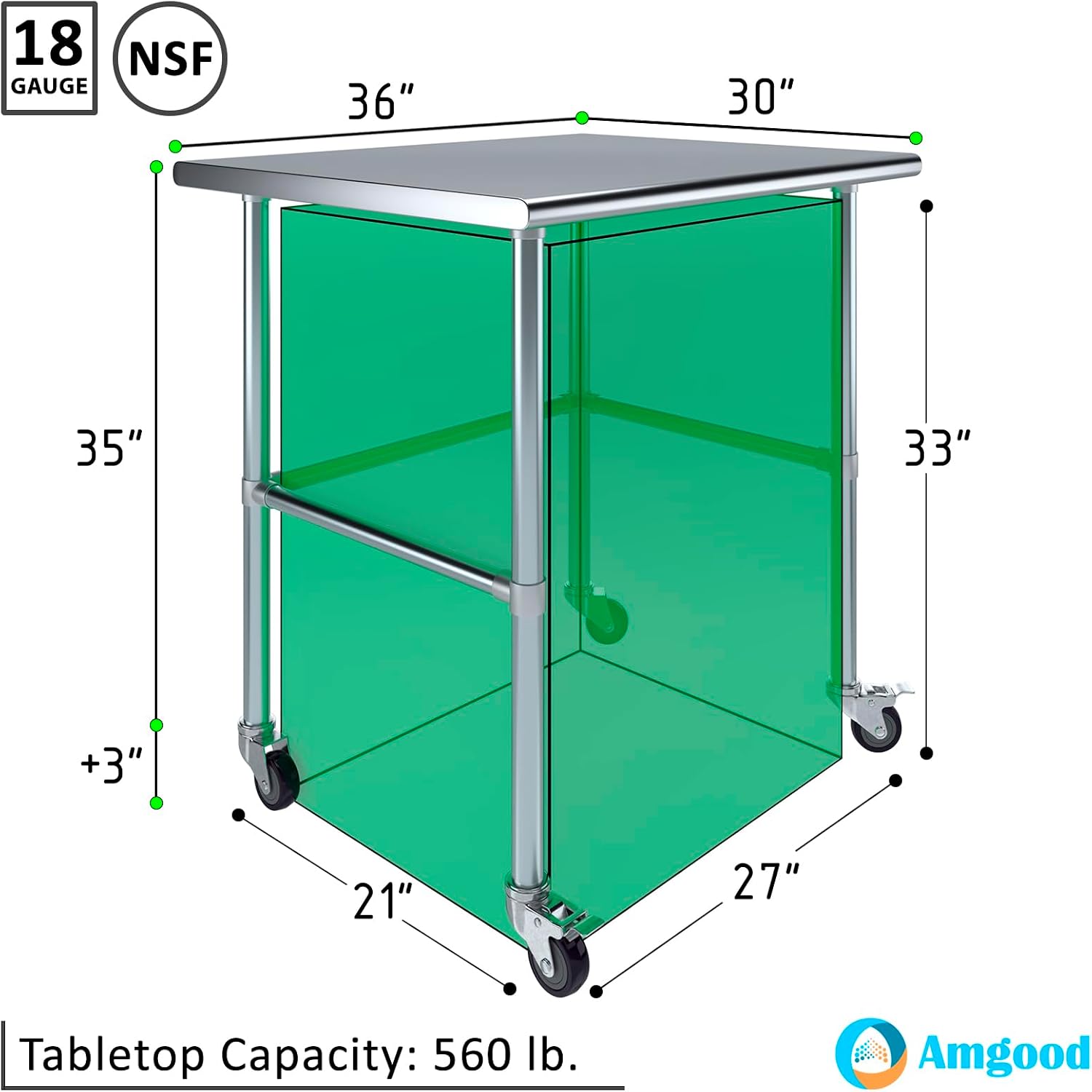 AmGood Stainless Steel Work Table Open Base & Wheels | Work Station | Metal Work Bench (Stainless Steel Work Table Open Base + Casters, 36' Long x 30' Deep)