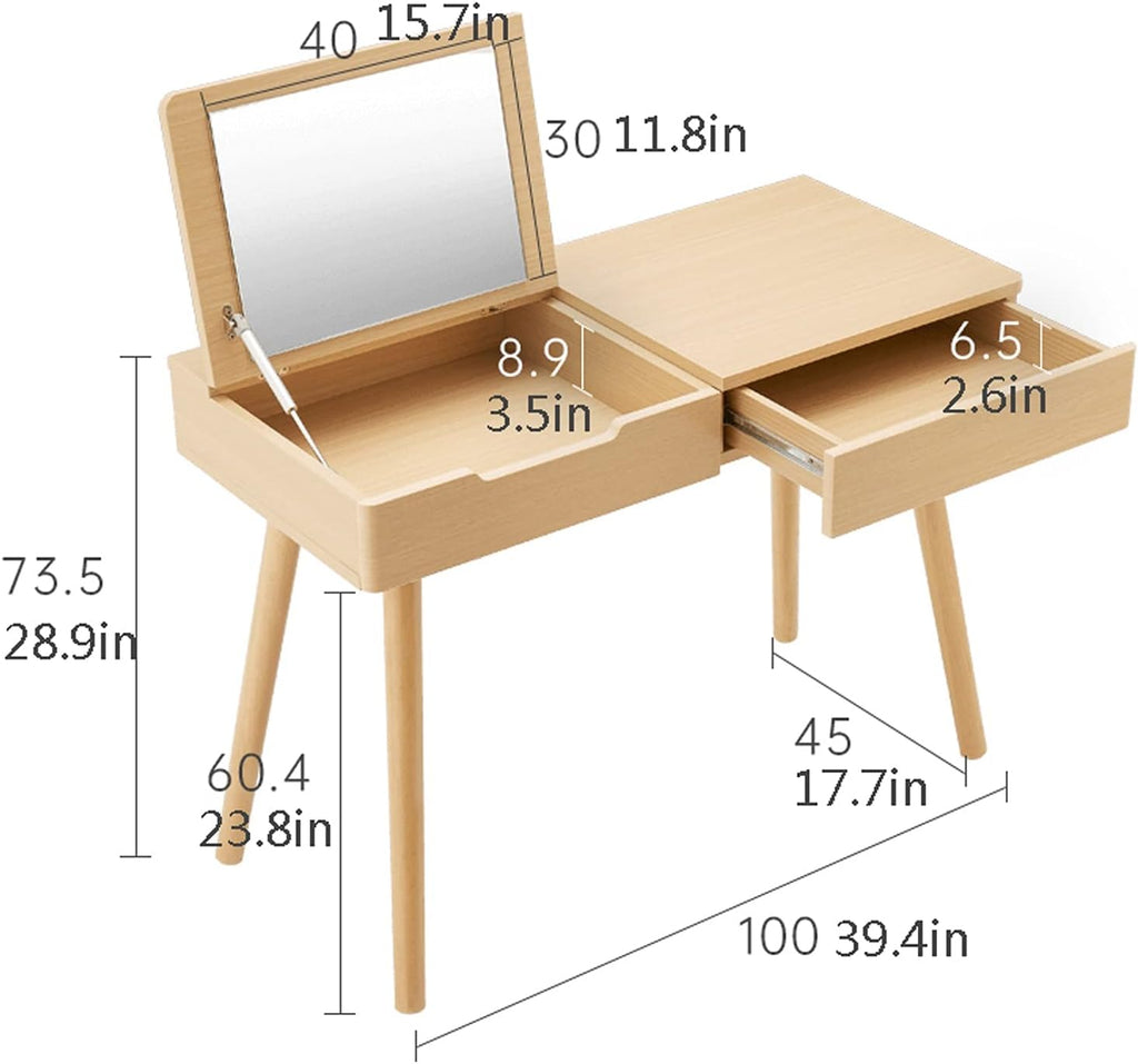 TOMYEUS Dressing Table Wood Dressing Table, Desktop Flip Mirror Dressing Table, Multi-Function Computer Desk, for Bedroom Home Vanity Benches/Makeup Vanity Desk