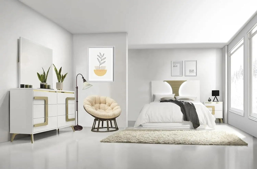 KB Designs - 4-Piece Bedroom Set, Dresser with Mirror, Chest and Nightstand, Modern White and Gold Furniture with LED Headboard and Contemporary Storage Features, Queen Size