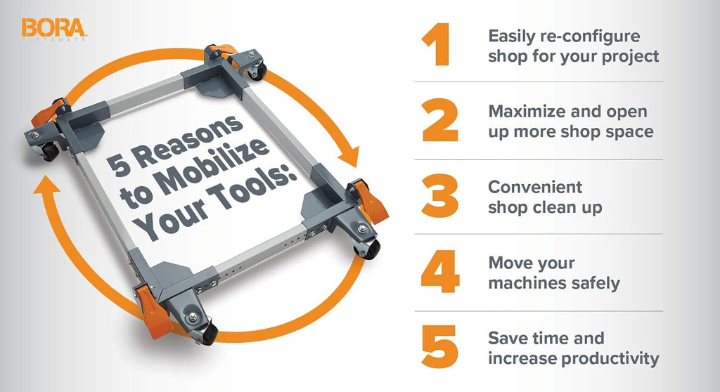 BORA Universal Mobile Base PM-1050 and Portamate Mobile Base Kit PM-1100 for Mobilizing Tools, Machines, Equipment